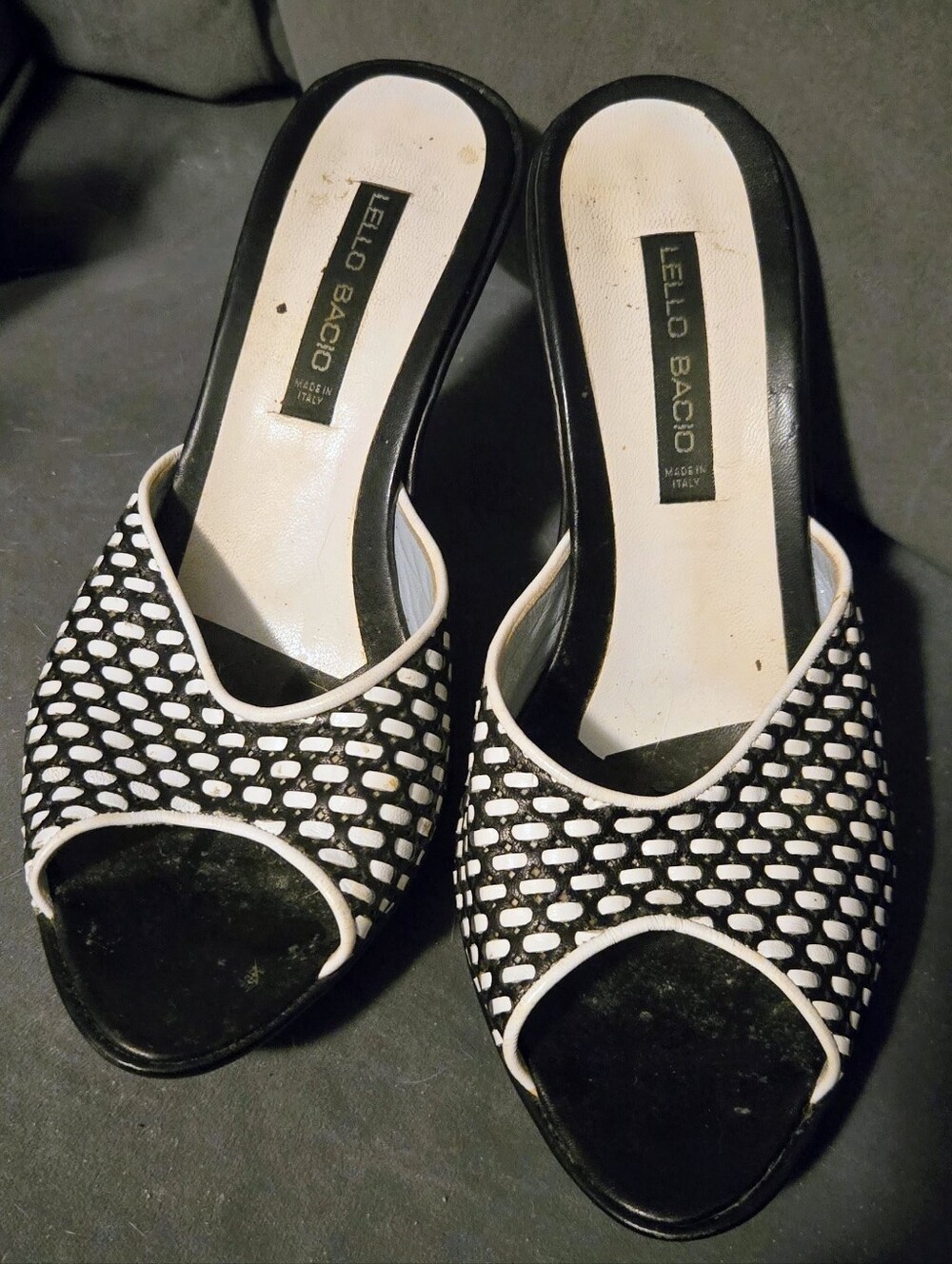 Vintage Lello Bacio Italian Woven Leather Mules–Peep Toe Block Heels